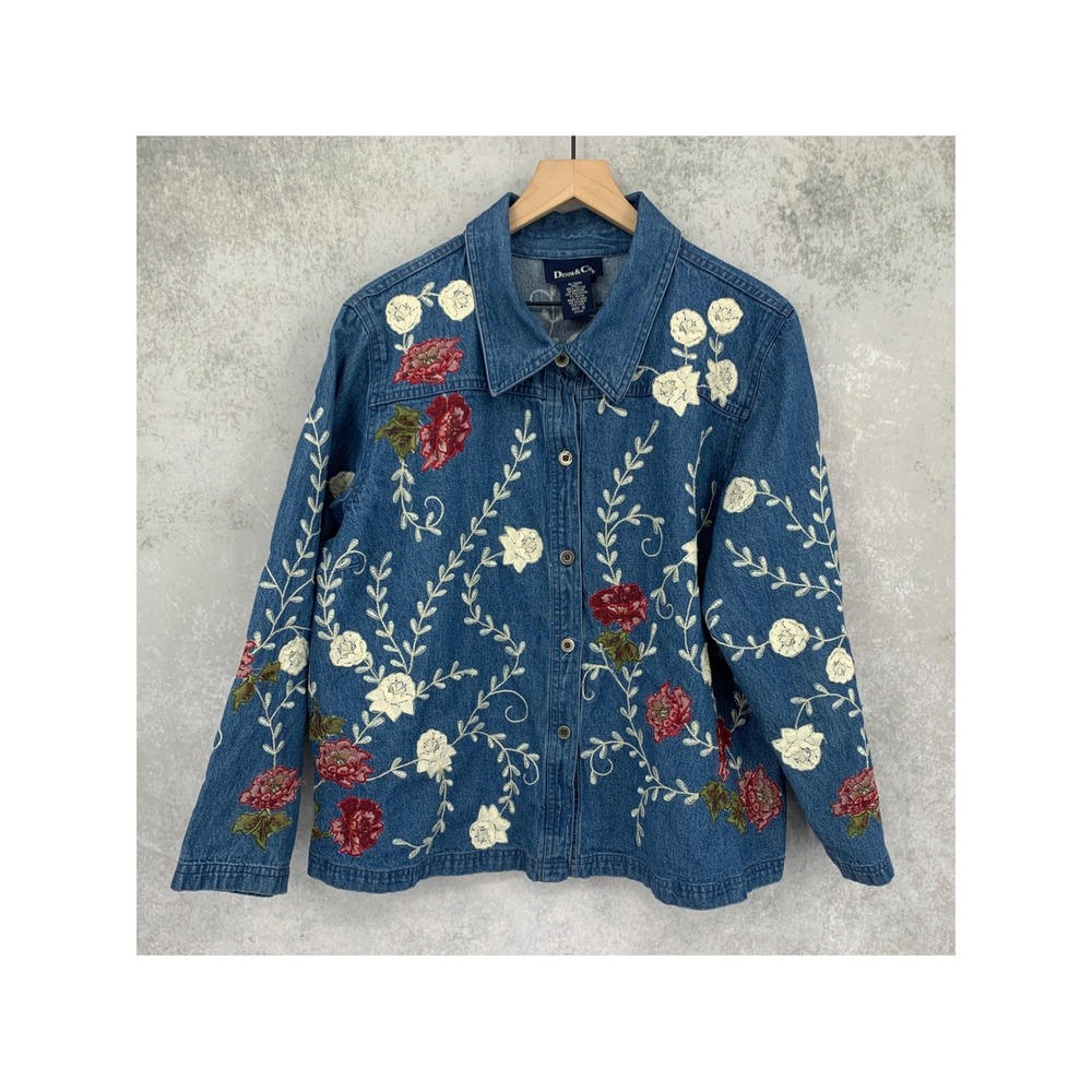Vintage Denim & Co Denim Jacket Women 1X Blue Floral Embroidered Button Front